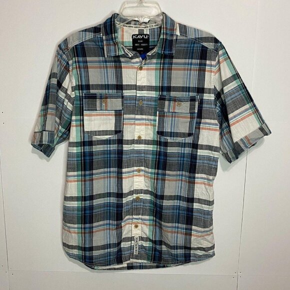 Kavu Mens Medium Button Down Up Short Sleeve Plaid - Picture 1 of 10